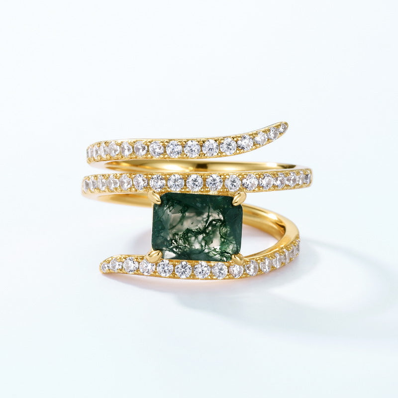 S925 Sterling Silver Moss Agate Three-Layer Layered Ring