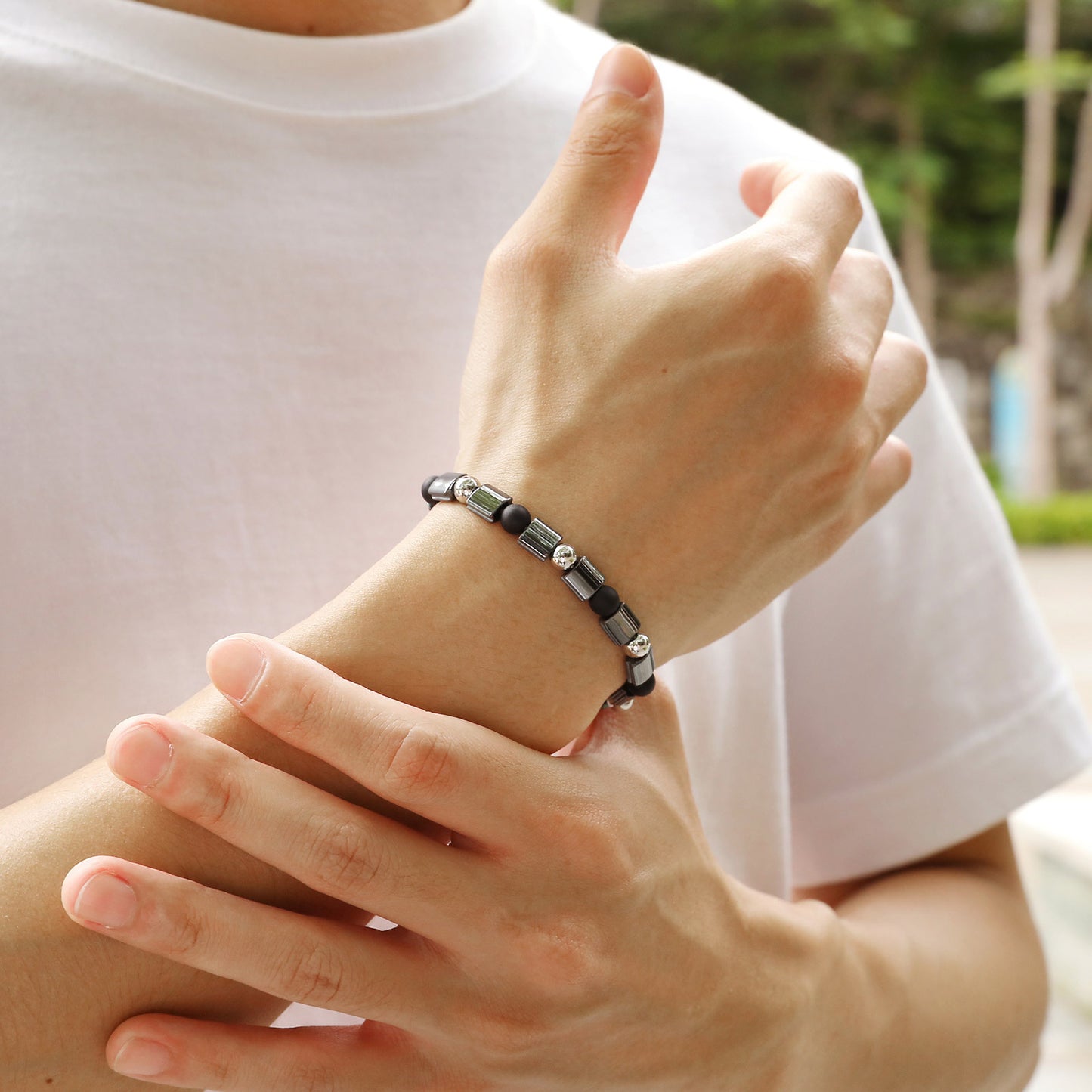 Men's Fashion Stainless Steel Frosted Agate Beaded Bracelet