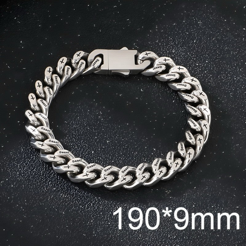 Niche Hip Hop Cross Beast Bracelet – Stainless Steel Engraved La Sand Cuban Chain Men's