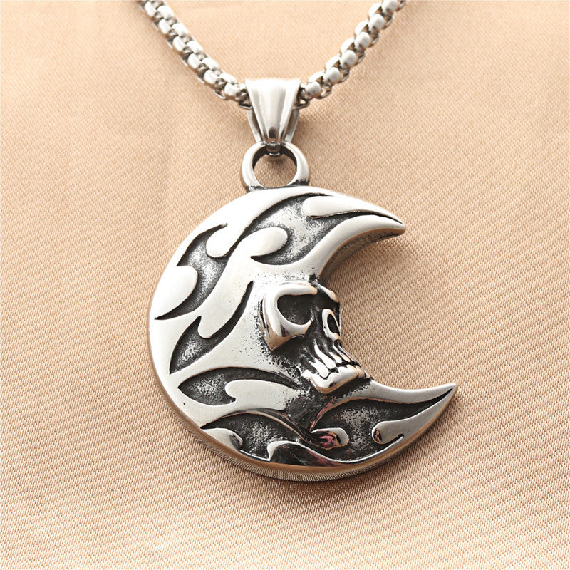 Punk-Inspired Titanium Steel Moon Skull Pendant Necklace for Men