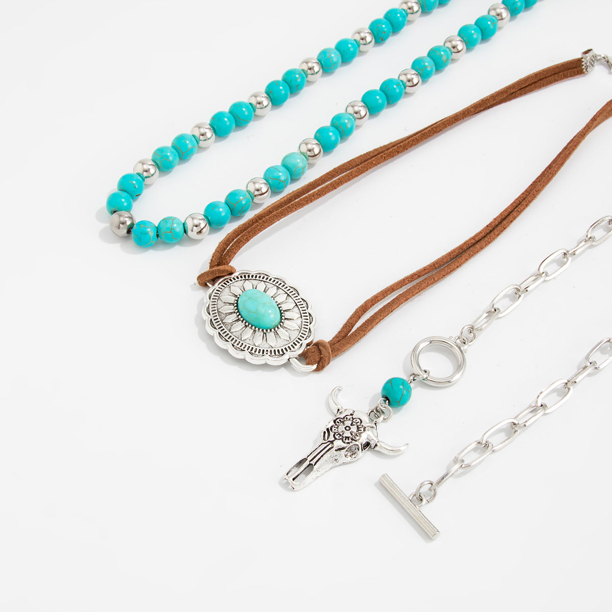 Retro Imitation Turquoise Stacked Western Denim National Cactus Cow Head Pendant Neck Necklace