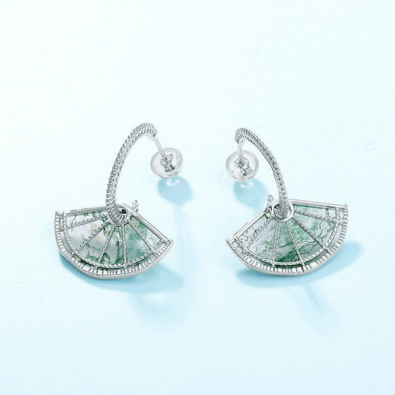 S925 Sterling Silver Moss Agate Fan Stud Earrings