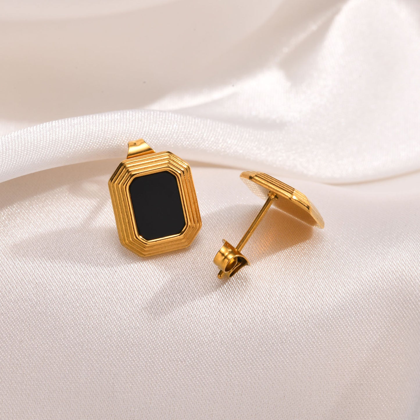 Ladies Geometric Stainless Steel Square Agate Earrings Gold
