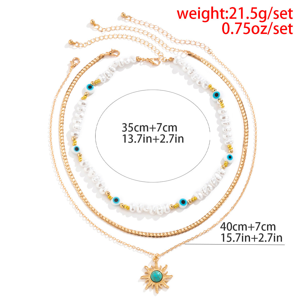 Court Retro Devil'S Eye Necklace Sun Pendant Irregular Pearl Multi-Layer Stacked Necklace