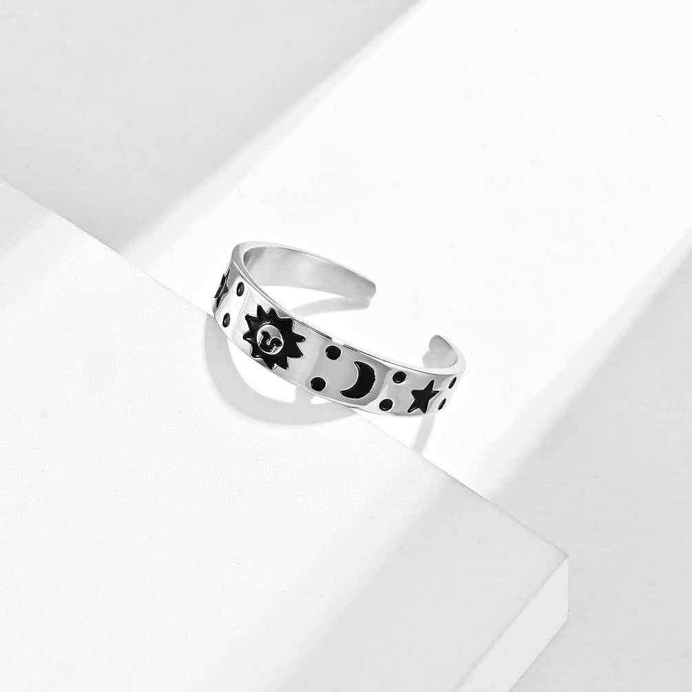 Planderful Titanium Steel Ring Unisex Adjustable Sun Star Smiling Face Jewelry Retro Style