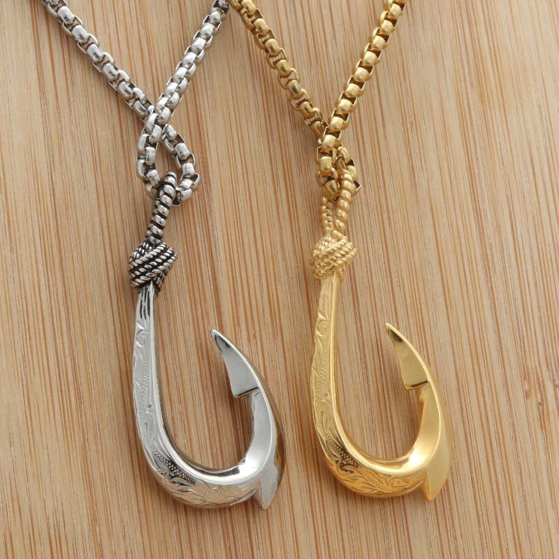 Personalized Titanium Steel Fish Hook Pendant Necklace for Men - Retro Punk Style Marine Design