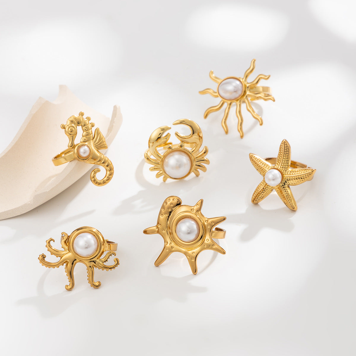 Planderful Ocean Starfish Ring With Imitation Pearl Adjustable Stainless Steel Statement Beach Jewelry For Women