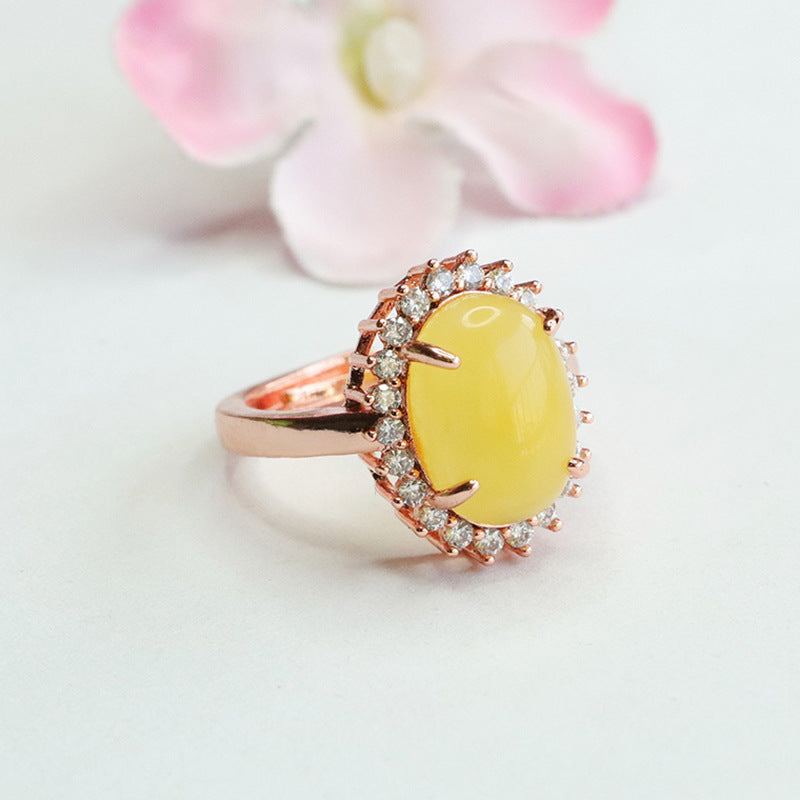 Golden Halo Amber Ring with Honey Wax Beeswax Gem in Sterling Silver