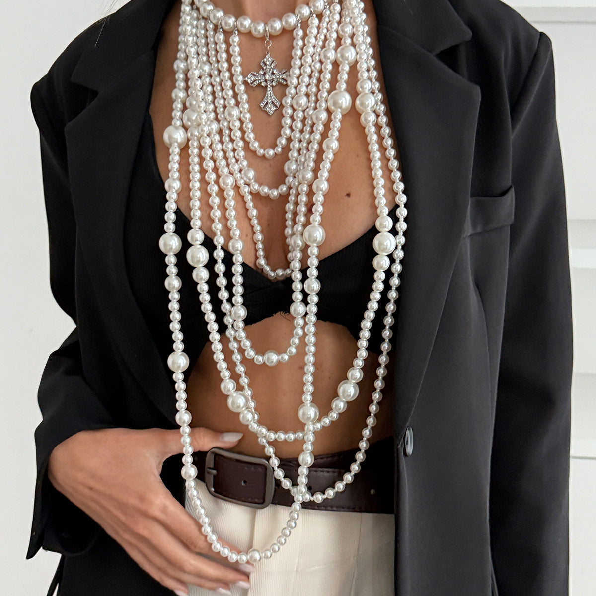 French Baroque Pearl Cross Long Necklace