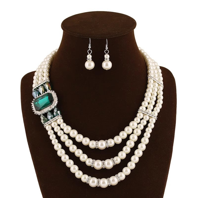 Exaggerated African Pearl Crystal Necklace Set with Multi-layer Chain - Savanna Rhythms Collection
