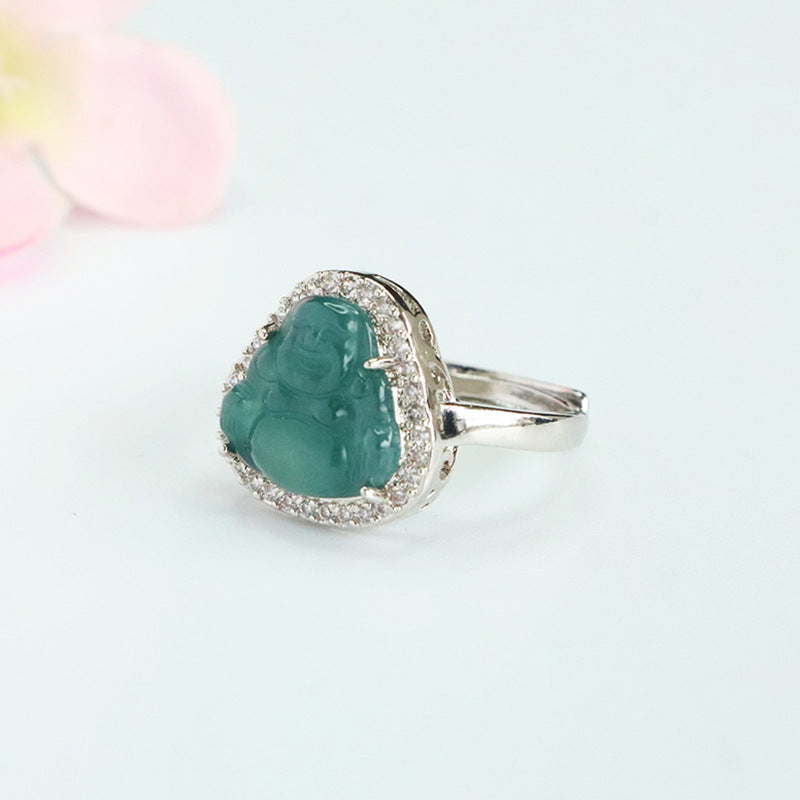 Blue-Water Jadeite Buddha Zircon Ring