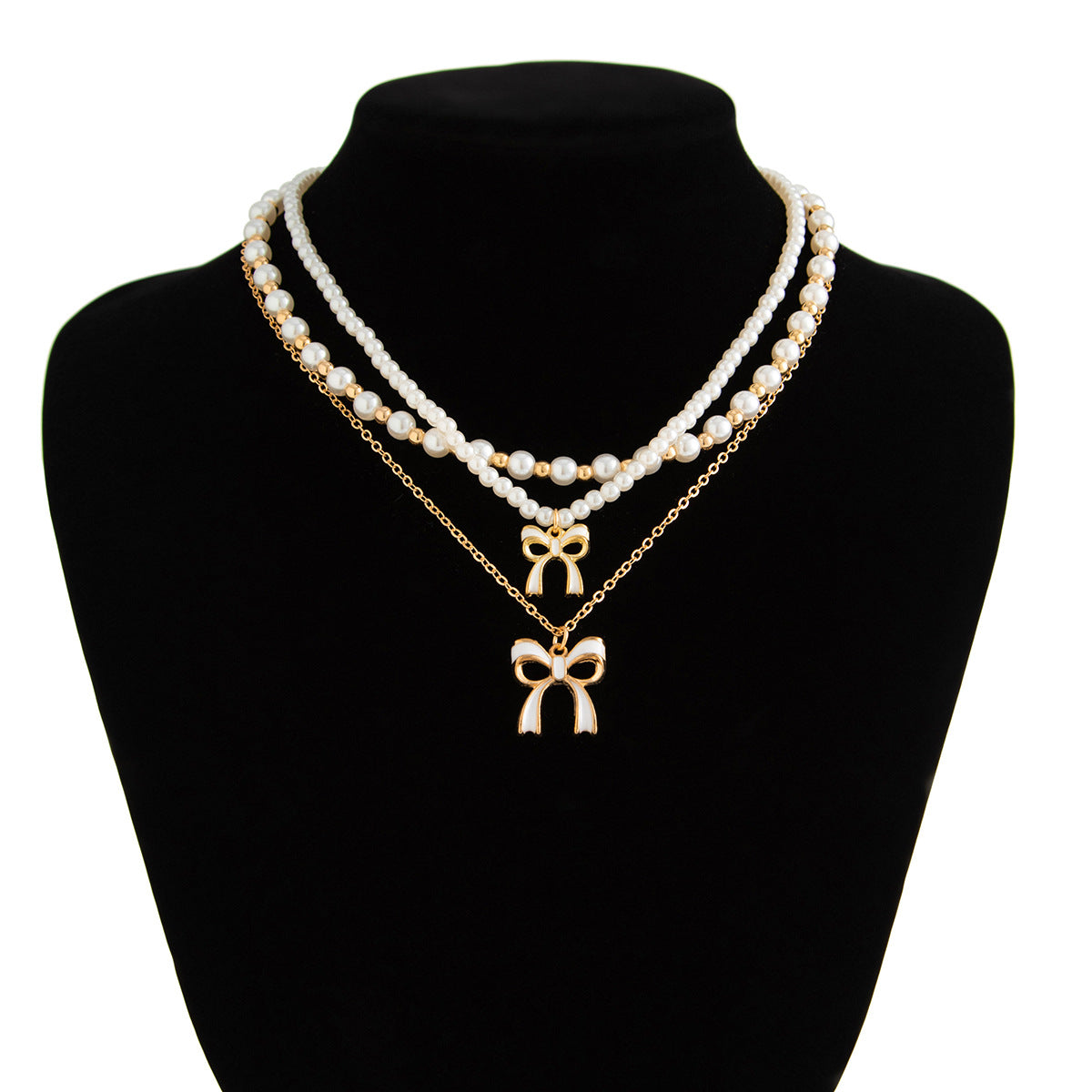 Layered Imitation Pearl Bow Tassel Necklace