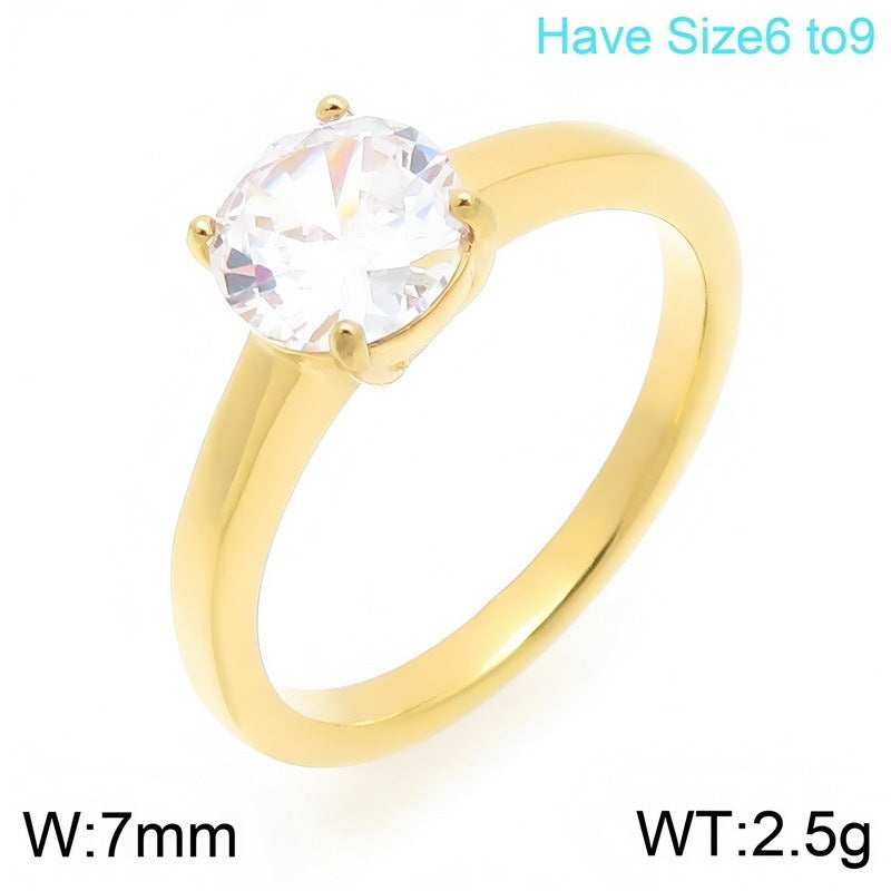 Stainless Steel Marriage Proposal Zircon Ring Four-Claw Inlaid Round Zircon Square