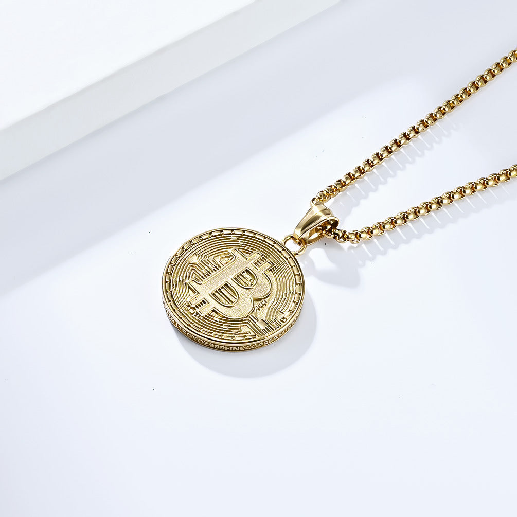 Planderful Bitcoin Pendant Necklace Titanium Steel Gold Plated For Crypto Fans And Hip Hop Fashion