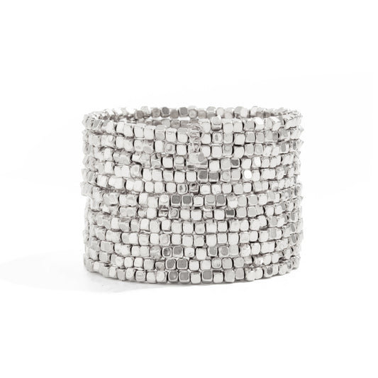 Planderful Vienna Verve Elastic Silver Beaded Bracelet For Women Retro Square Design Statement Jewelry
