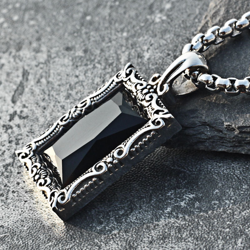 Planderful Pendant For Men And Women Retro Engraved Rectangle Black Stone Titanium Steel Unisex Bold Hip Hop Style