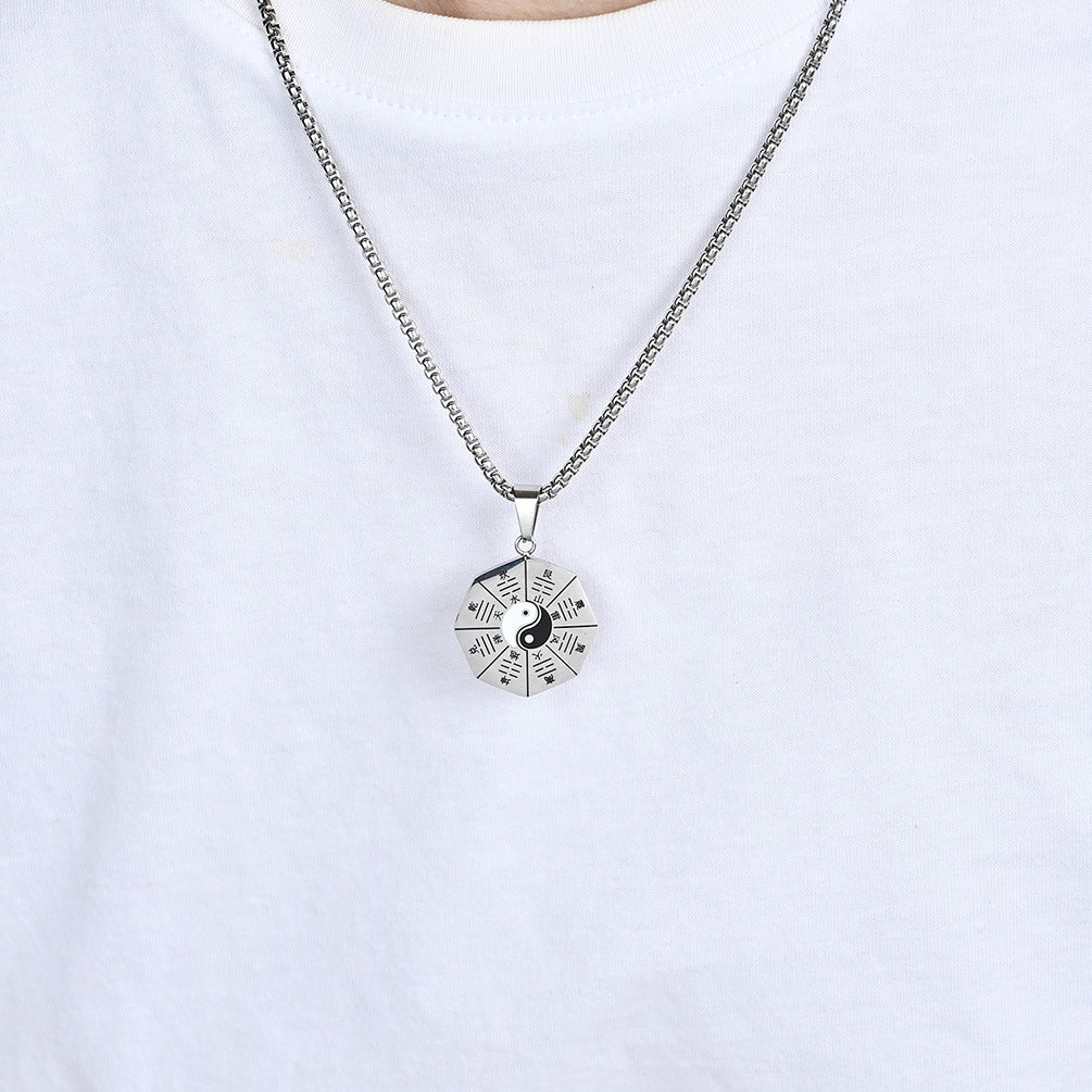 Retro Ethnic Style Taiji Bagua Titanium Steel Pendant Necklace for Men