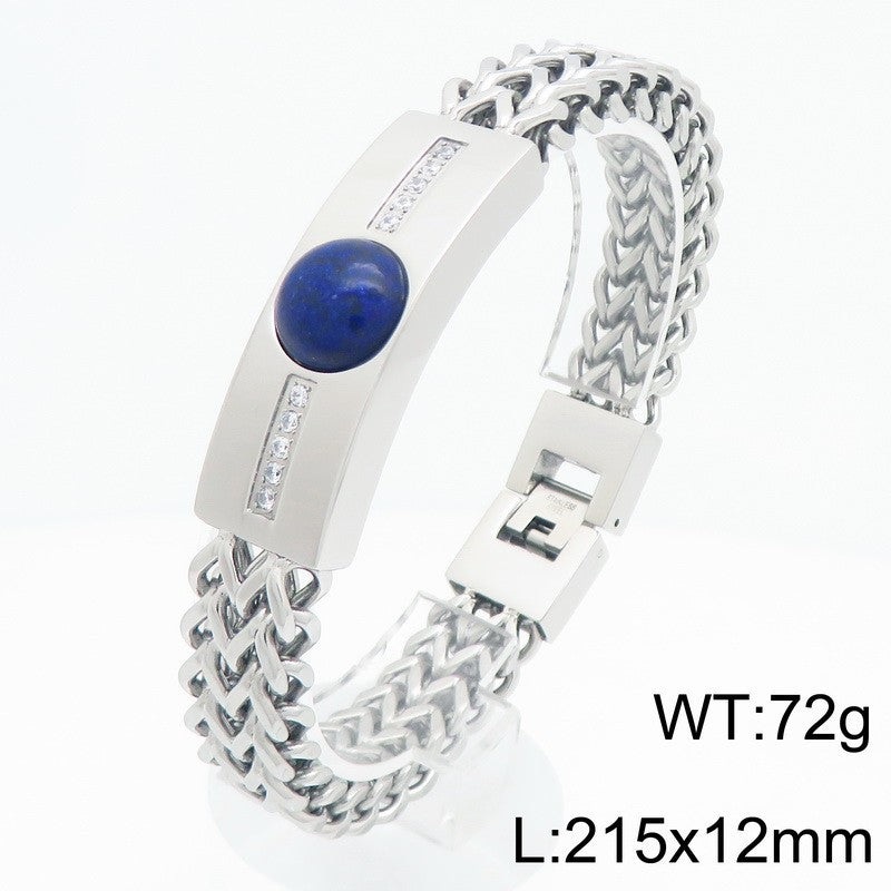 Blue Gold Black Pine Obsidian Inlaid Zircon Curved Bar Front & Back Chain Stainless Bracelet