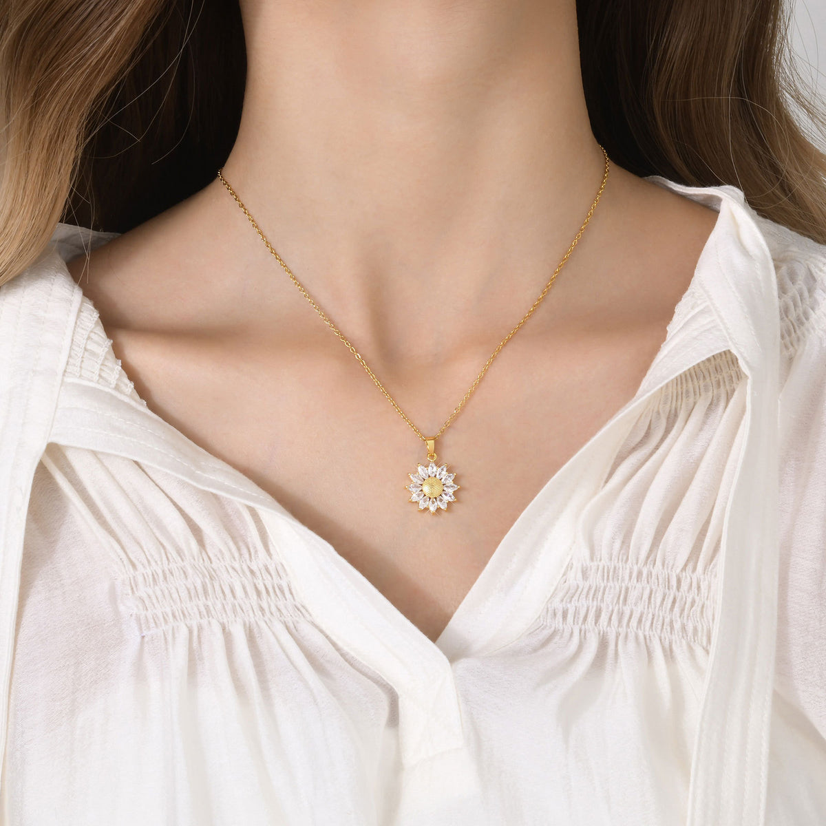 Stainless Steel Chain Copper Sunflower Pendant Necklace Women's