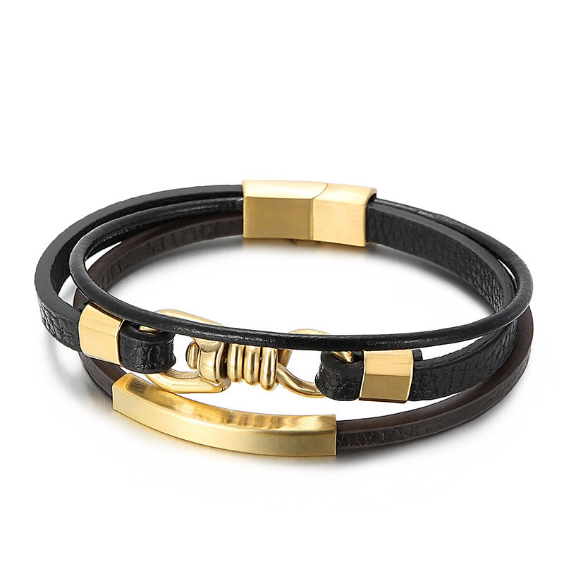 Planderful Mens Leather Titanium Steel Bracelet Punk Style