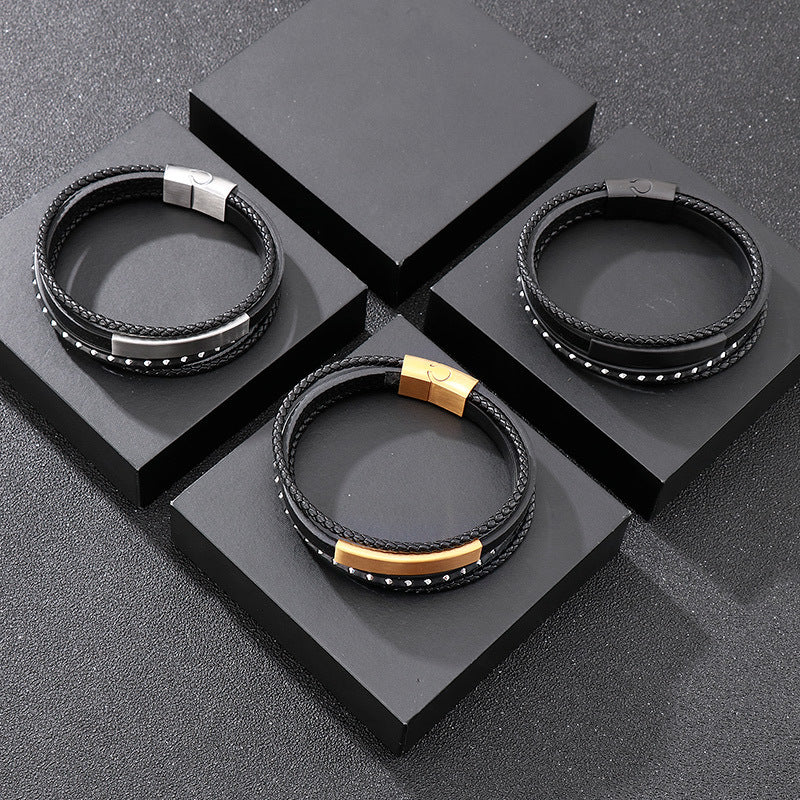 Planderful Leather Woven Steel Magnet Buckle Bracelet Men
