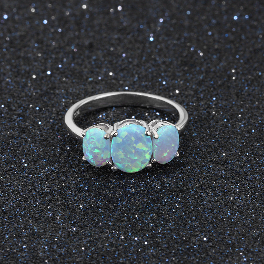Planderful Jewelry Three Blue Oval Opal Ring In Sterling Silver S925 For Elegant Everyday Style