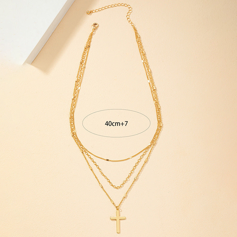 Fashionable Triple-Layer Cross Pendant Necklace with Korean Influence