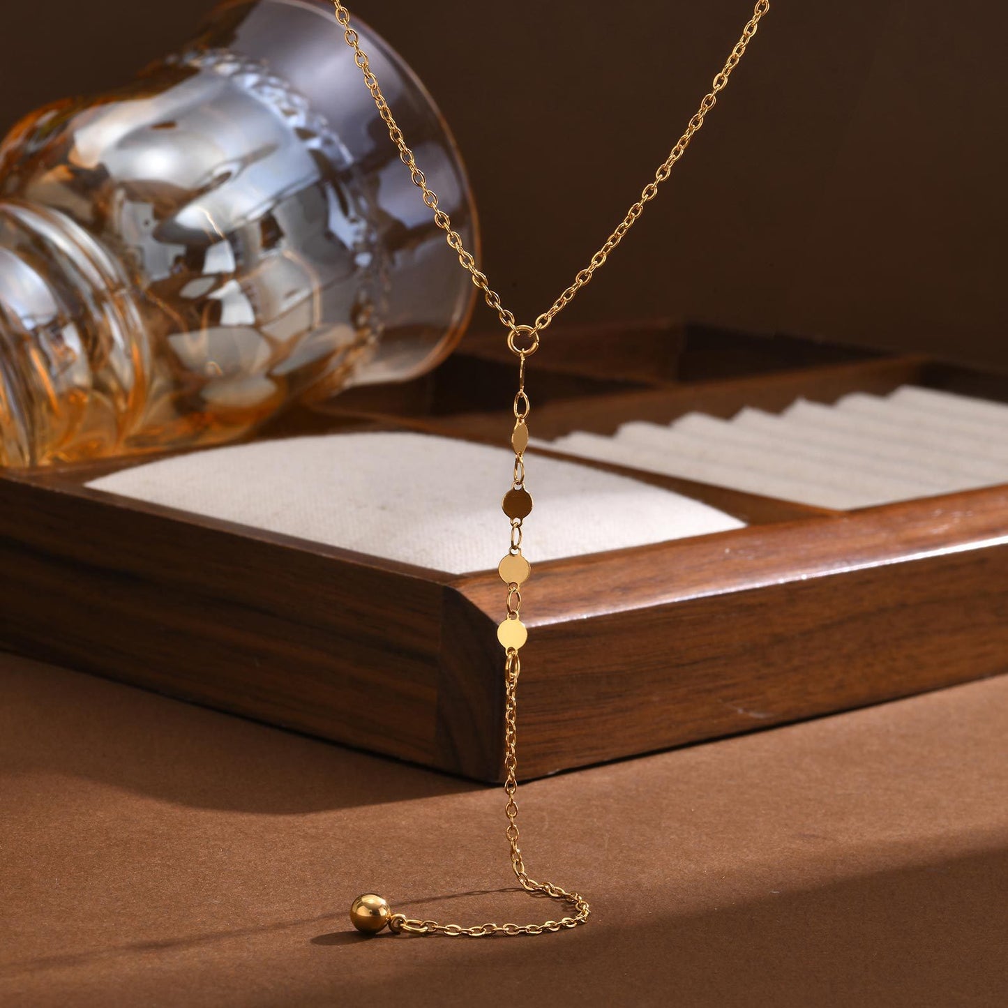 Ladies Necklace Stainless Steel Flat Cross Chain Disc Y Gold