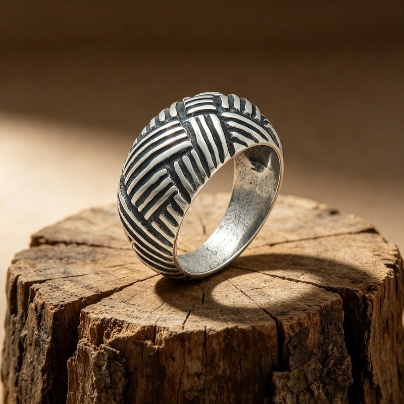 Punk Style Old Braided Ring Retro Geometric Interwoven Wide-Faced Stainless Steel Men's Ring