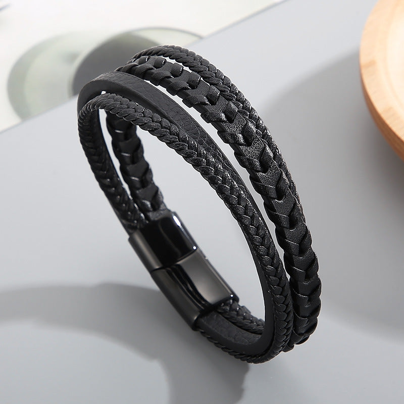 Planderful Mens Leather Braided Bracelet Magnetic Buckle