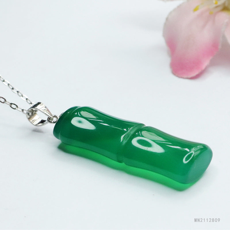 Icy Green Chalcedony Bamboo Silver Pendant — No Chain