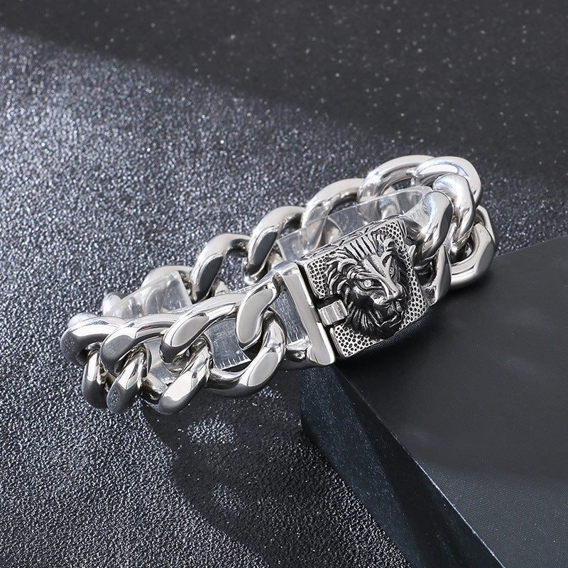 Planderful Mens Bracelet Bold Lion Head Buckle Cuban Chain