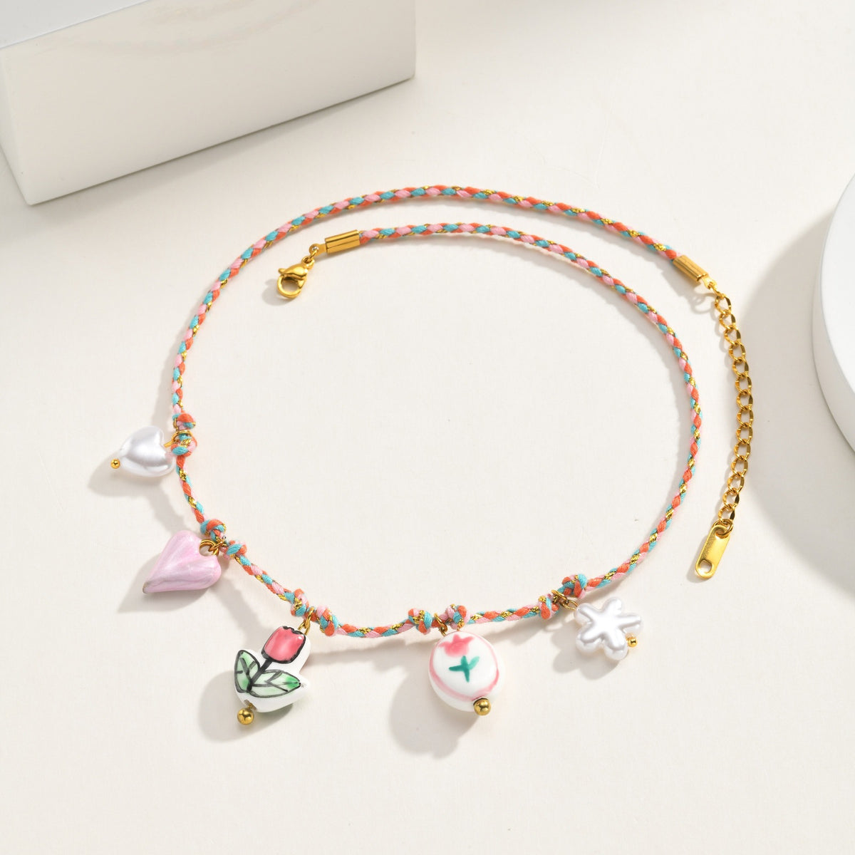 Dopamine Necklace Stainless Steel Ceramic Flower Heart Shaped Imitation Pearl Braided