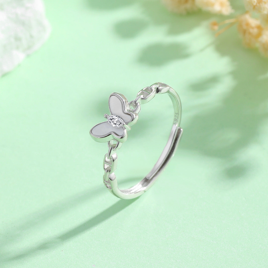 Planderful Everyday Genie Ins Simple Butterfly White Shell Zircon Ring Women’s 925 Sterling Silver Niche Design Small Fresh Tide Ring
