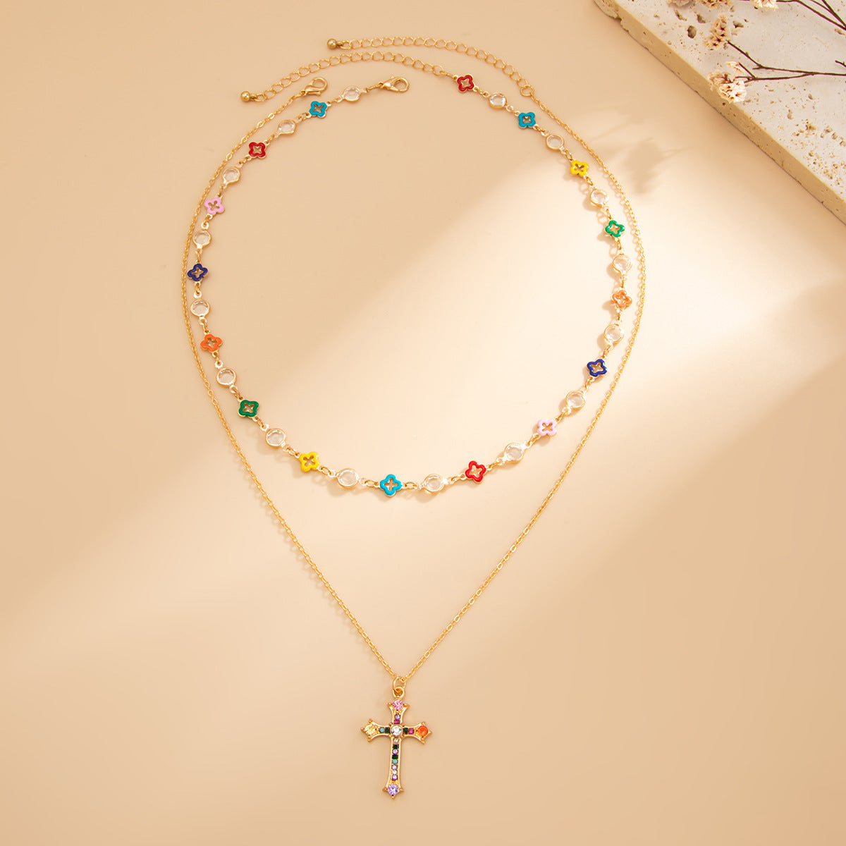 Colorful Floral Cross Layered Necklace