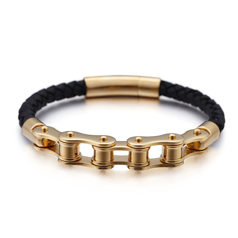 Cool Men's Stainless Steel Bicycle Chain Leather Bracelet – Locomotive Chain Cowhide