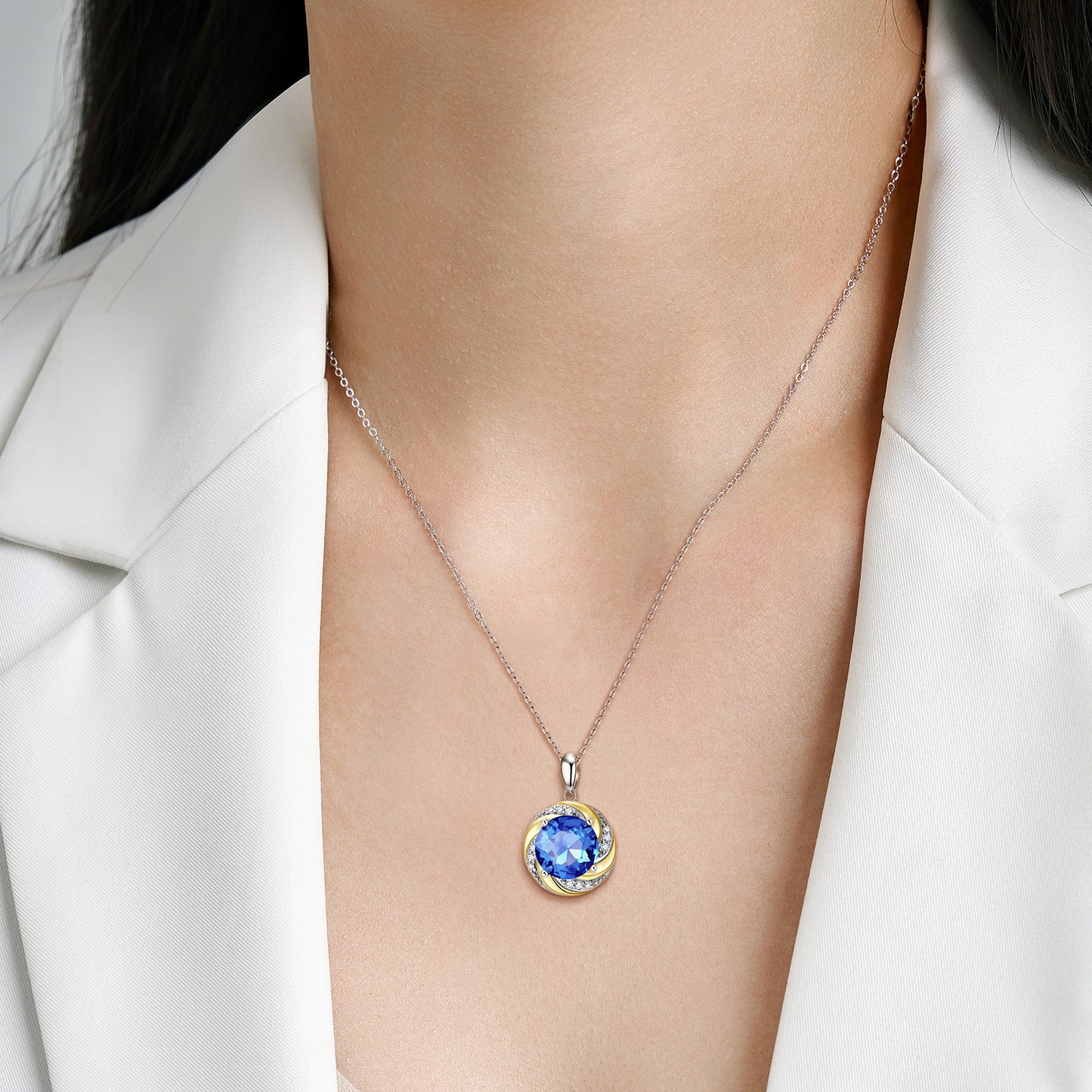 Vortex Halo Round Shape Blue Zircon Pendant Silver Necklace