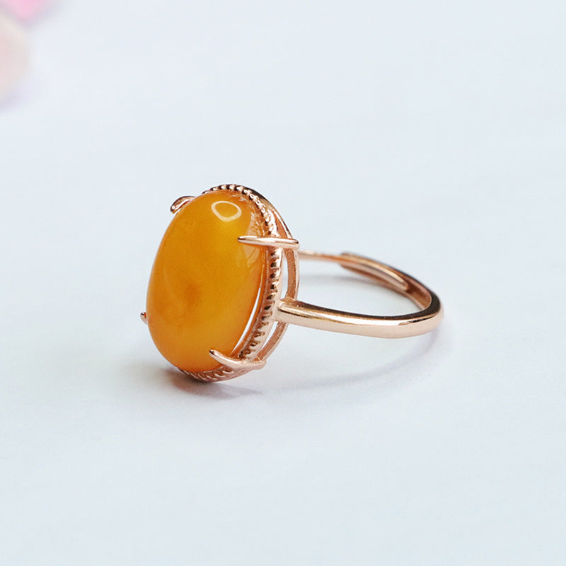 Sterling Silver Adjustable Oval Beeswax Amber Ring