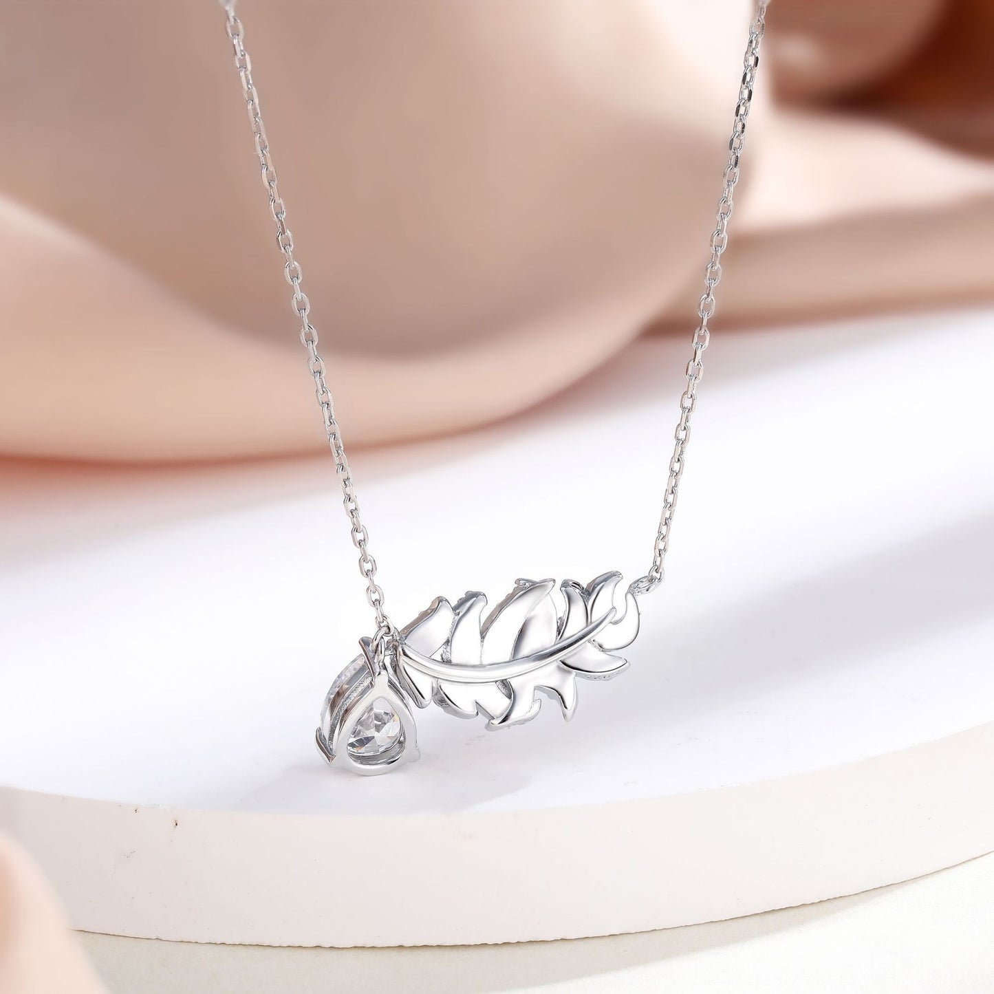 Pear Shape Zircon Feather Pendant Sterling Silver Necklace