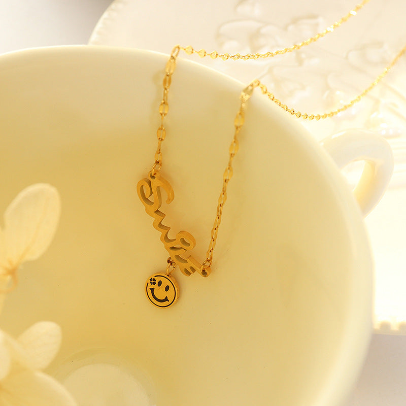 Golden Smiley Face Pendant Necklace with Korean Flair and Titanium Chain
