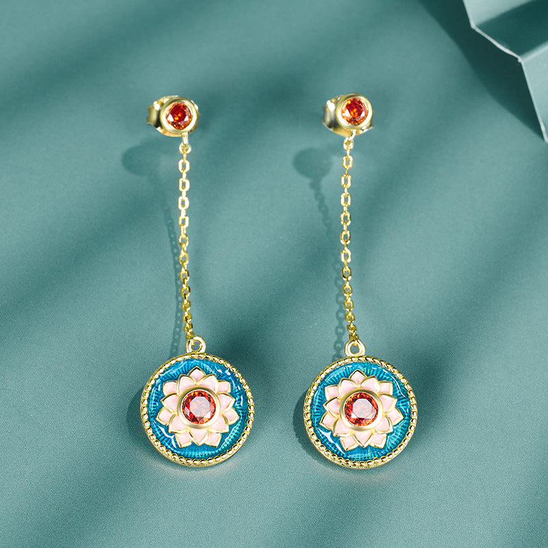 Long Tassel Lotus Round Disc Pendant Red Zircon Sterling Silver Drop Earrings