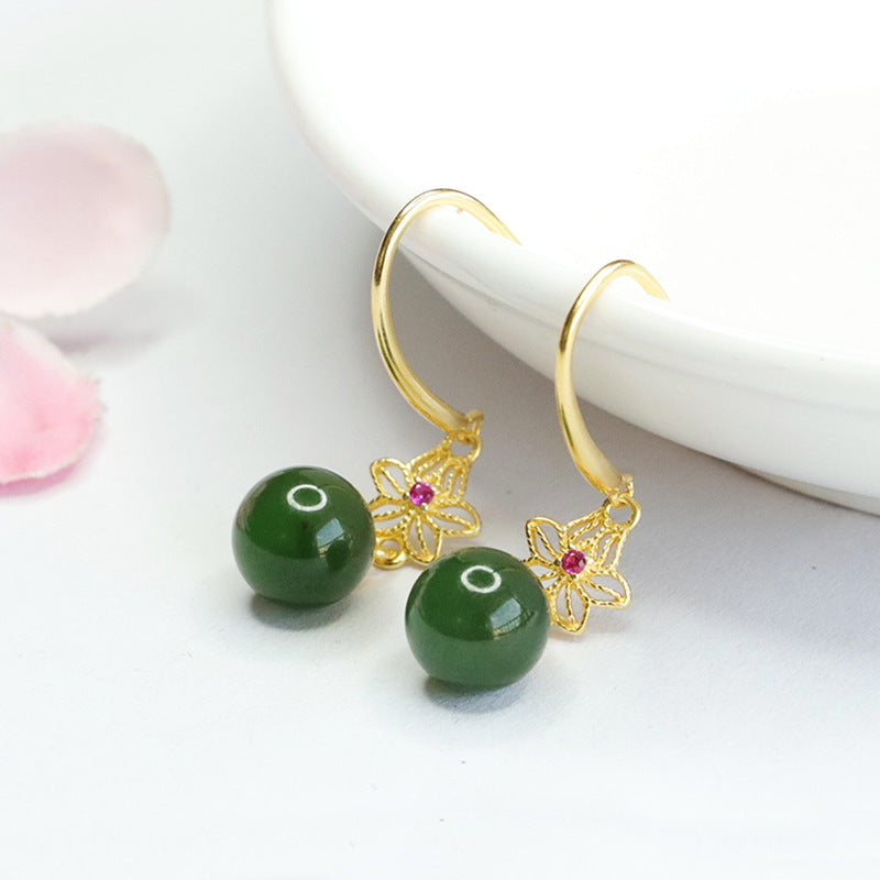 S925 Silver Natural Hetian Jade Earrings with Jasper Bead Hollow Floral Design