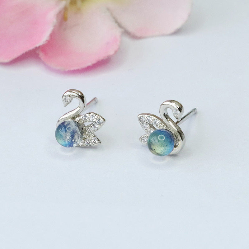 Gray Moonstone Swan 925 Silver Stud Earrings