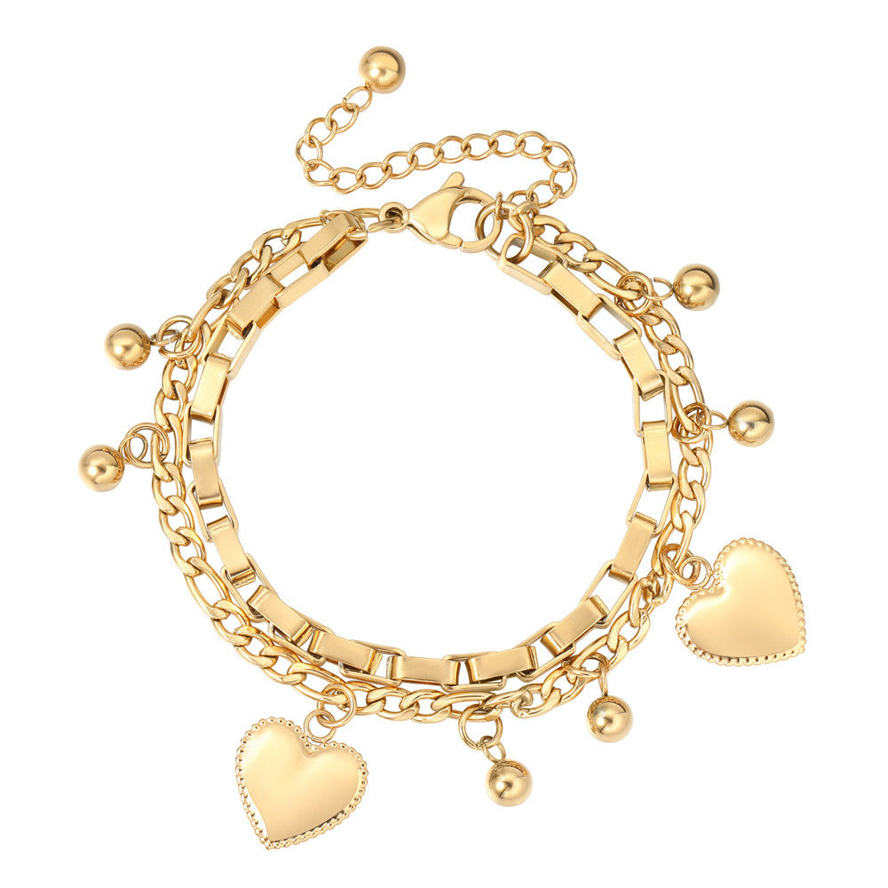 Planderful Double Layer Peach Heart Bead Bracelet Titanium Steel For Women Statement Jewelry