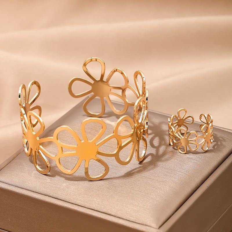 Openwork Flower Design Metal Jewelry Set for Women - Bracelet and Ring Duo