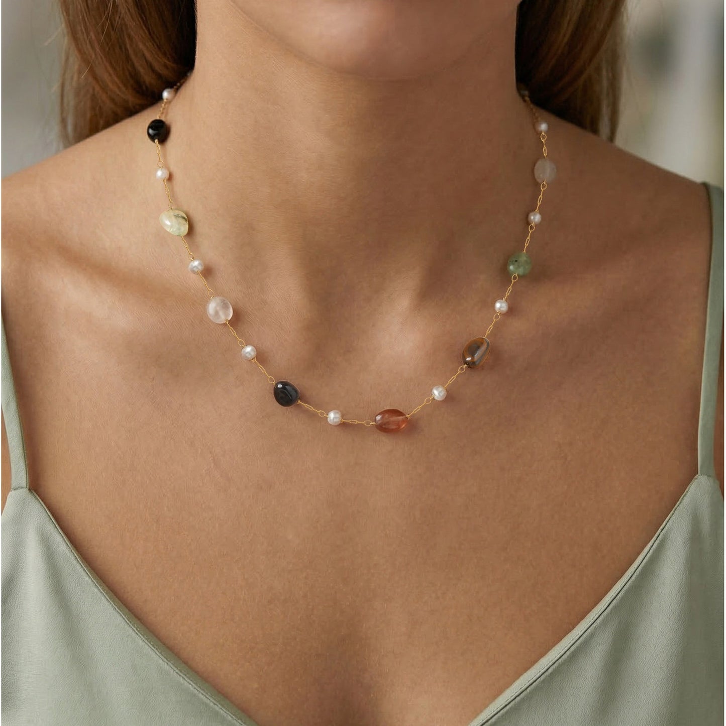 Stainless Steel Imitation Pearl Natural Stone Bead Spacer Elegant Collarbone Chain Necklace