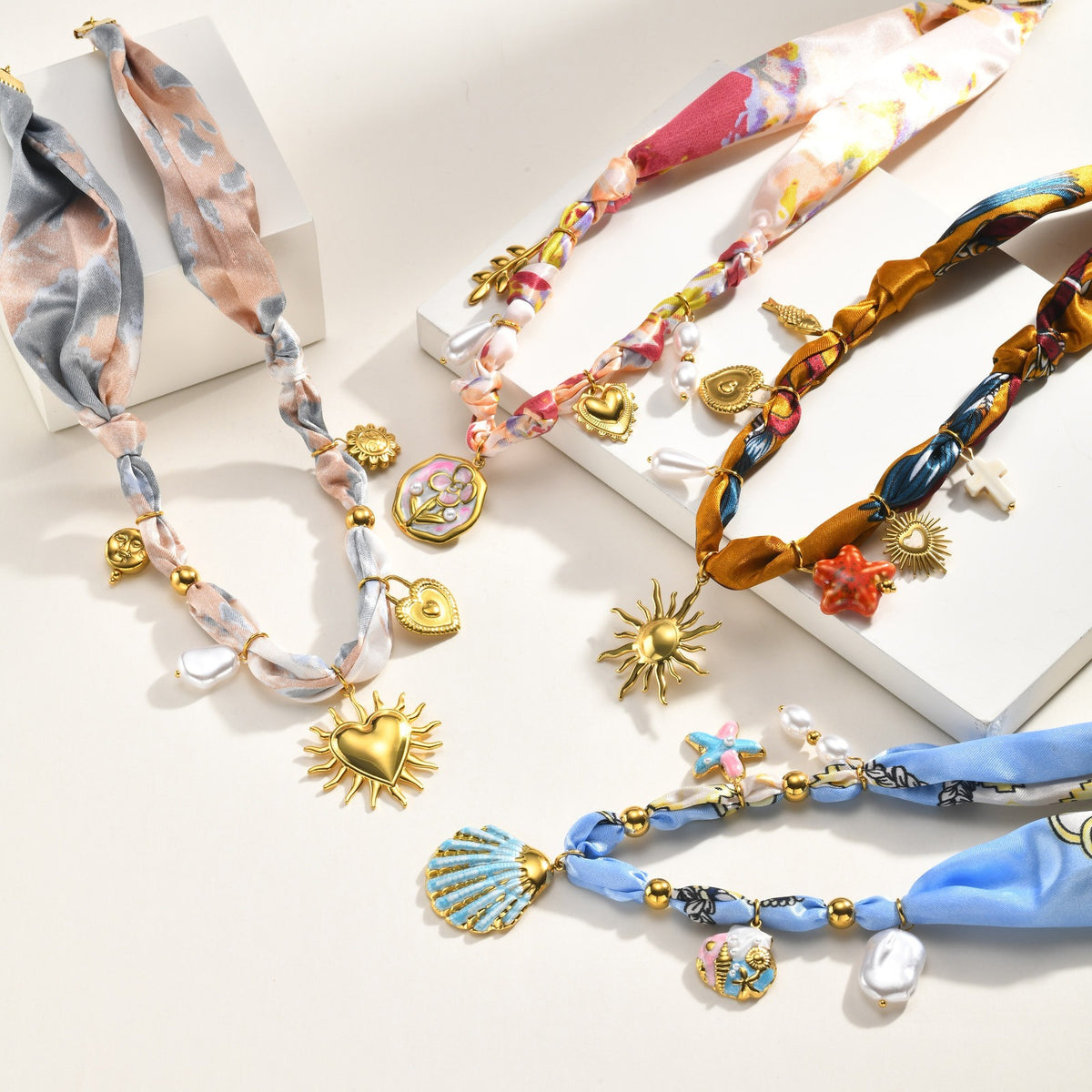 European – American Bohemian Stainless Steel Imitation Pearl Sunflower Printing Silk Necklace