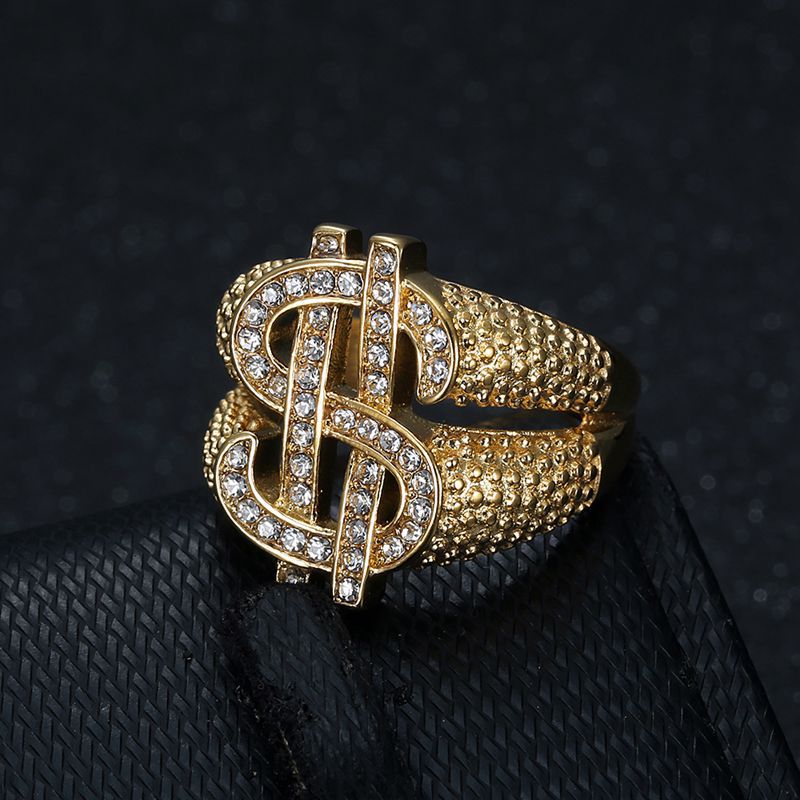 Planderful Everyday Genie Hip Hop Ring Bold Titanium Steel Gold Plated Zircon Dollar Symbol For Men