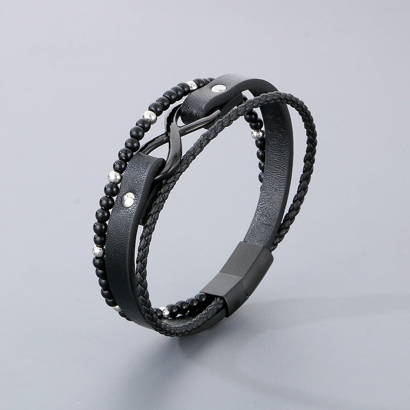 Planderful Beaded Leather Bracelet Stainless For Men Magnet