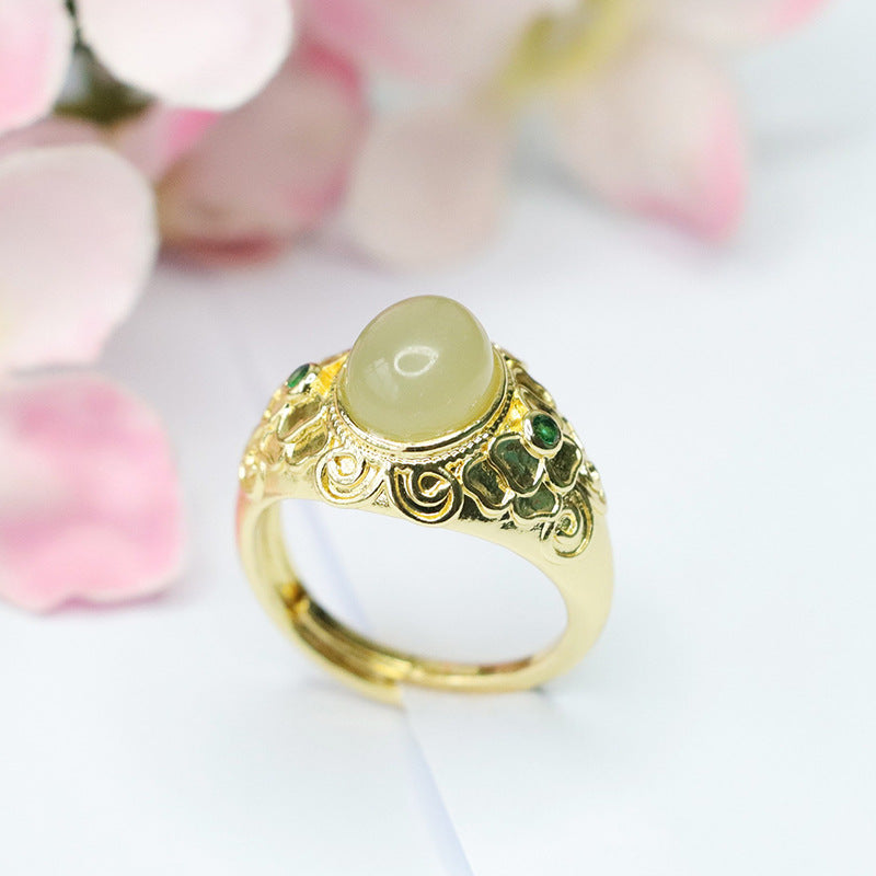 Luxurious Sterling Silver Hetian Jade Ring with Green Zircon Petals Pattern